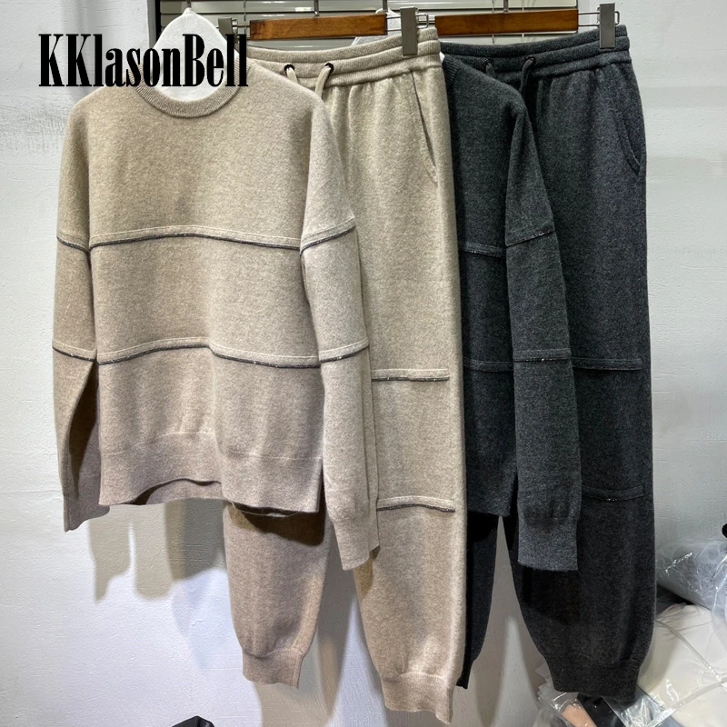 

11.3 KKlasonBell 100% Cashmere Round Neck Bead Chains Knitted Pullover Sweater Or Drawstring Sweatpants Set Women