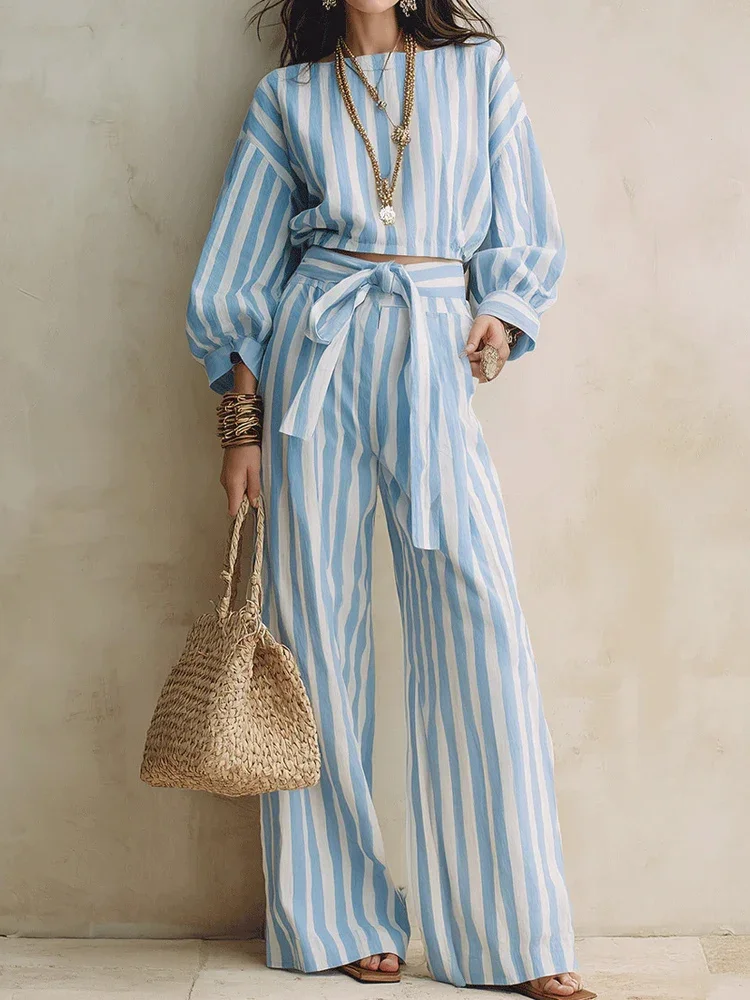 Casual Long Sleeved Loose 2Pc Suit Elegant O-neck Button Shirts & Lace-Up Pant Outfits Fashion Striped Print Wide Leg Pant Sets