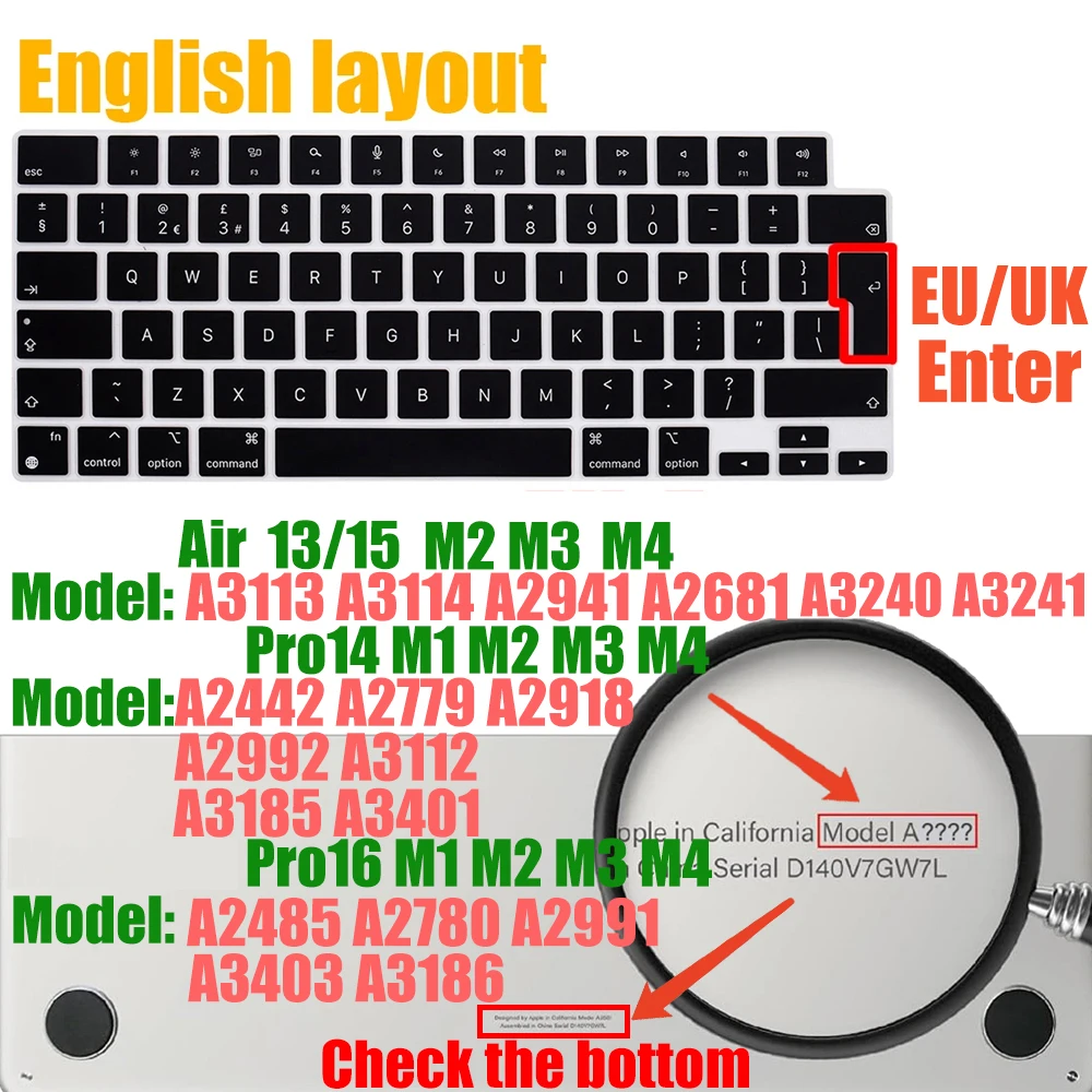 Universal Keyboard Cover for MacBook 2023 dòng Pro và Air - Bố Cục EU/US + Ngôn Ngữ Đa Quốc Gia