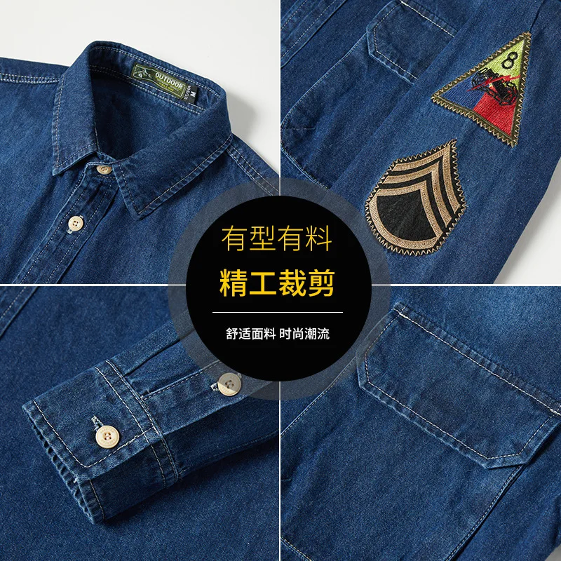 Men Long Sleeved Casual Denim Shirts Male Cotton Multi pockets Cargo Shirts Spring Man Fashion Jeans 5XL