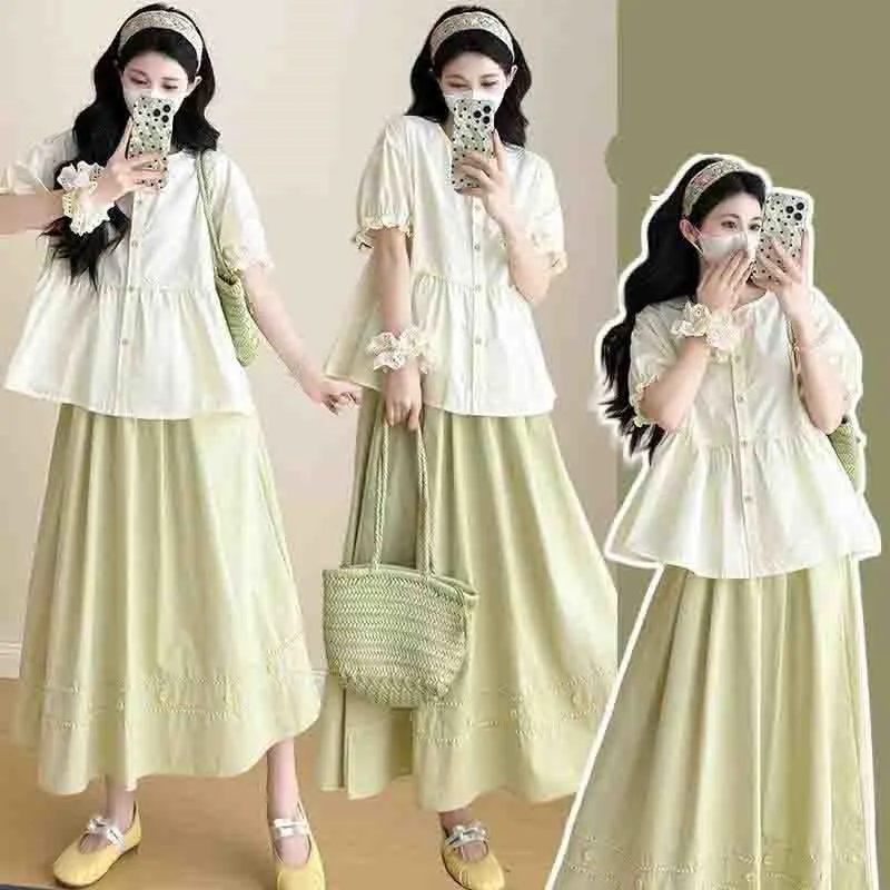 임산부 여름 의류 세트 2025 신상 임부복 반팔 상의 셔츠 드레스 투피스 세트 ..