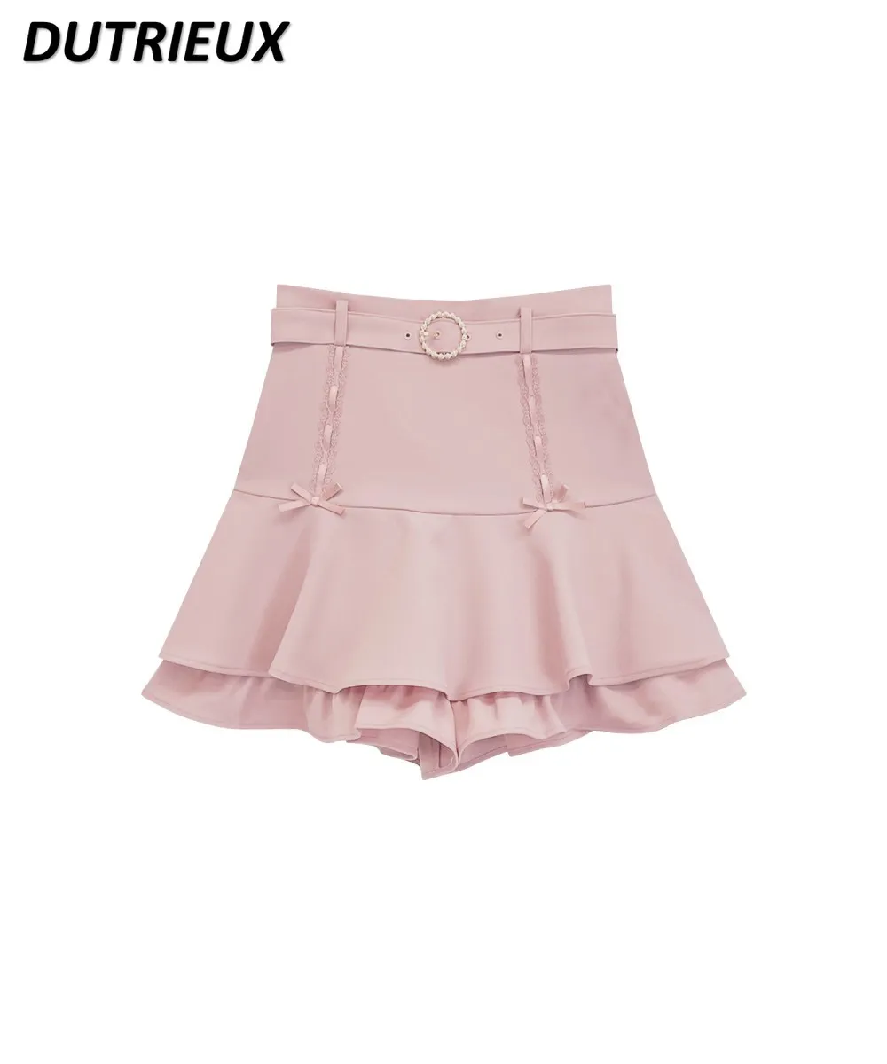 HC Japanese Sweet Ruffles Fishtail Skirt Women's Lolita Girl High Waist A- Line Mini Skirt 2024 Summer New Pink Skirts Culottes