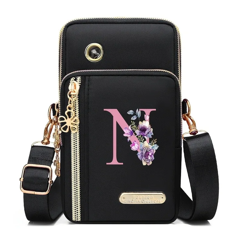 Floral Print Mobile Wallet with Zippered Card Organizer and Adjustable Strap