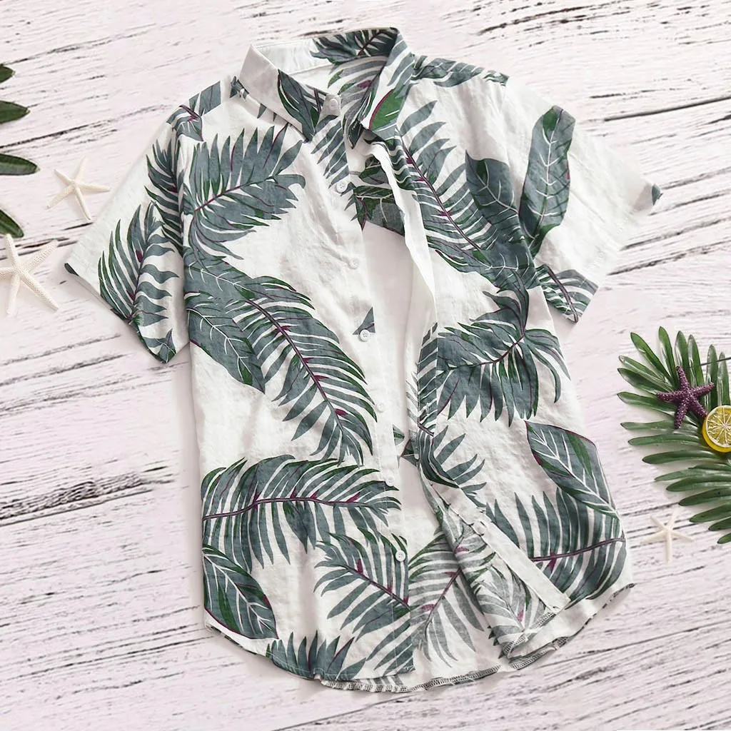 Mens Hawaii Shirt Cotton Leaf Printed Short Sleeve Turn Down Collar Button Blouse Loose Breathable Beach Style Holiday Shirts