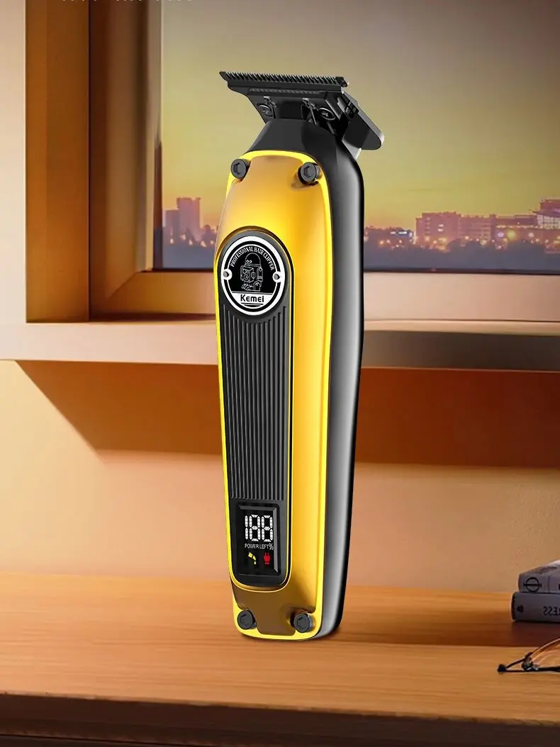 Kemei 살롱 이발사 USB 충전식 전기 헤어 클리퍼, LCD 디지털 디스플레이, 세라믹 커터 헤드, 헤어 트리머 KM-1855