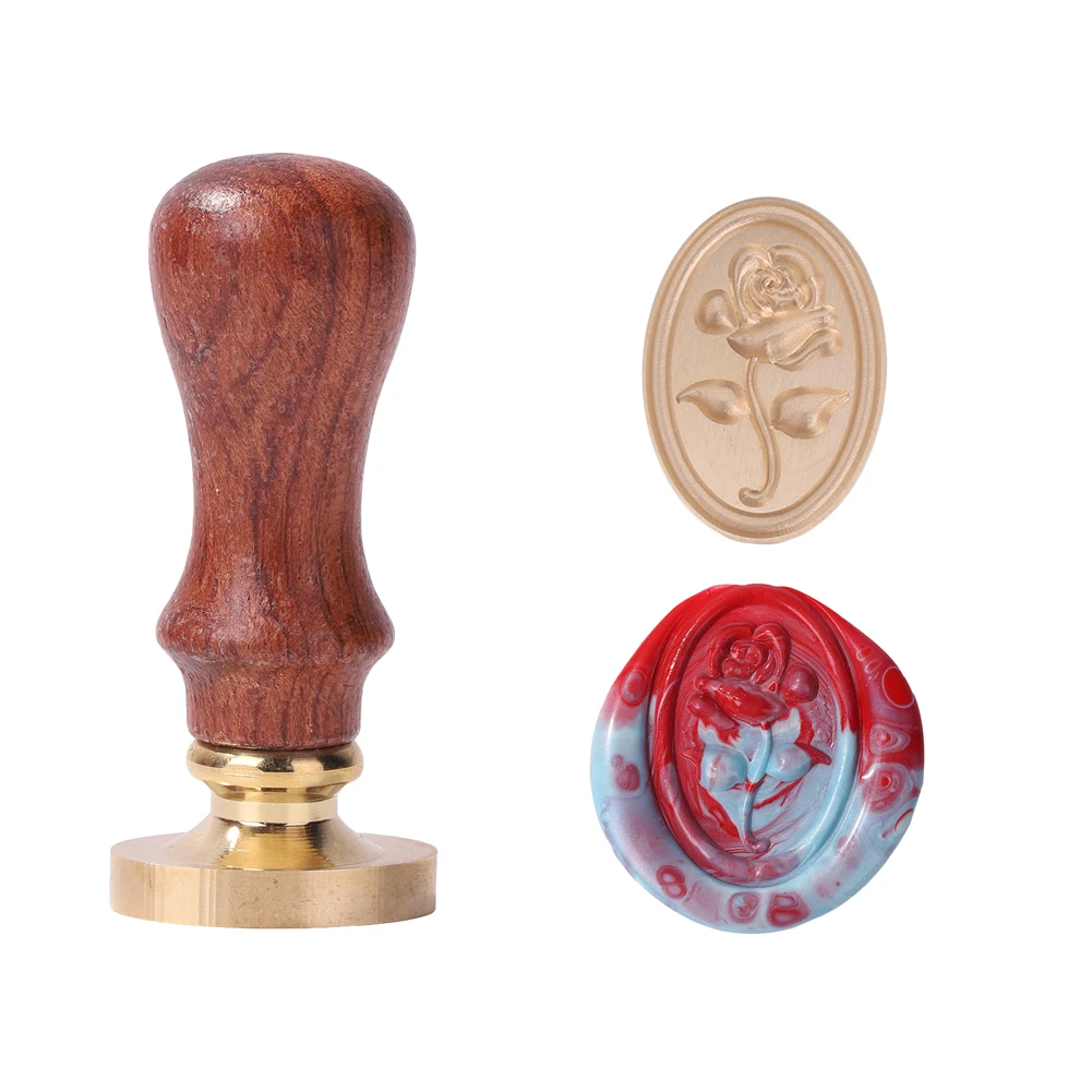 Oval Wax Seal Copper Head with Handle Embossed Rose Flower Stamp Reusable for Wedding Party Birthday Invitation