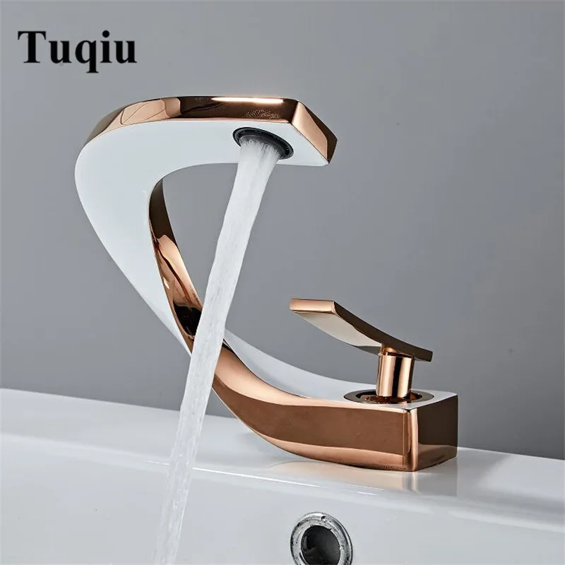 Tuqiu ก๊อกน้ำทองเหลือง Rose Gold สีขาวอ่างล้างหน้าก๊อกน้ำเย็นน้ำร้อน Mixer Sink Tap Deck Mounted Black Rose gold Tap 1