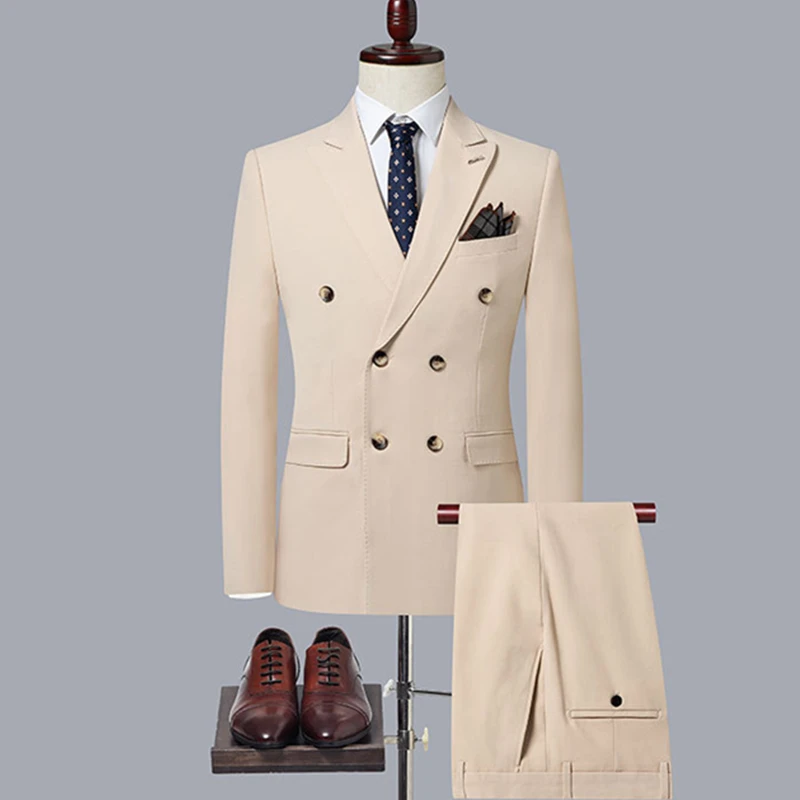 

Fashion New Men's Casual Boutique Double Breasted Solid Color Business Suit Jacket Trousers Pants 2 Pcs Set Blazers Coat