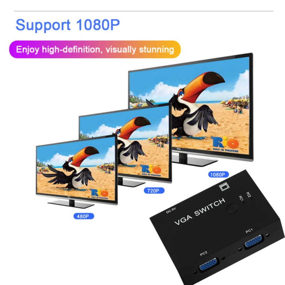 2 인 1 아웃 VGA 스위치 분배기 2 포트 VGA 비디오 컨버터 어댑터, 프로젝터 디스플레이 PC TV 노트북용 1080P VGA 케이블 스위처