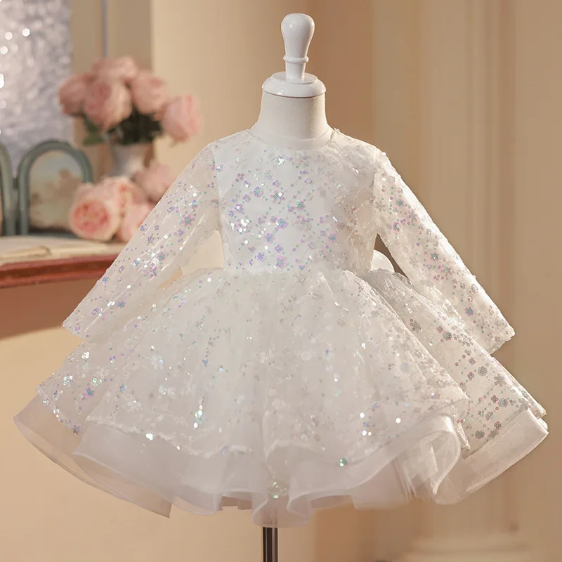 Sequin Long Sleeve White Girls' Birthday Party Dresses for Weddings Kids' Formal Prom Evening Gowns Children's Eid easter Dress