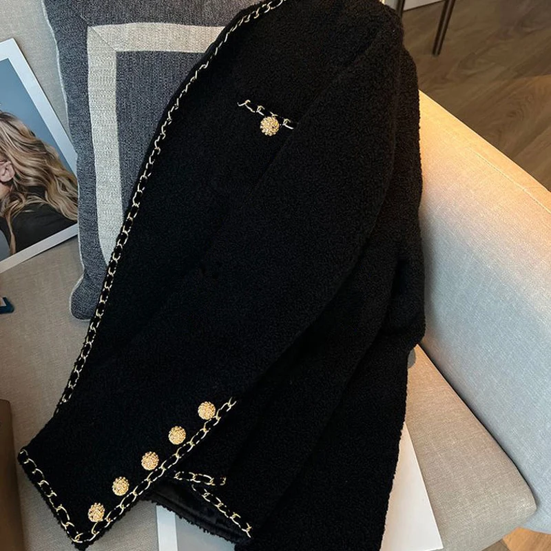 2023 Nuovo Autunno Nero Design Vintage Girocollo Giacca In Pile da Donna Elegante Chaquetas Mujer Manica Lunga Pulsante Cappotto Corto_voghion.com