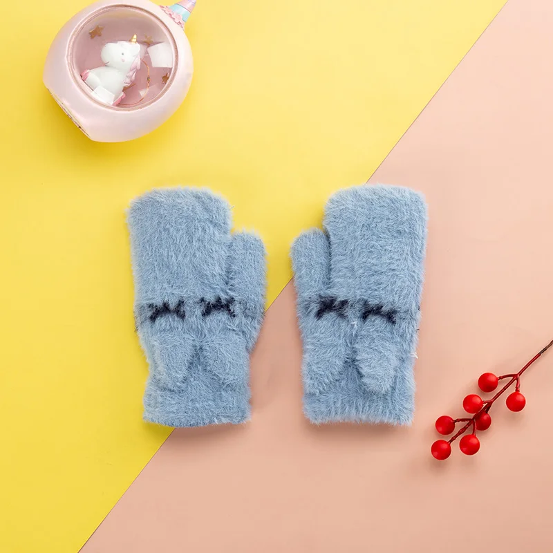 4-10 Years Children Mittens Girl Winter Plus Velvet Furry Gloves Kids Soft Full Finger Warm Girls Gloves