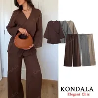 KONDALA Fall Casual Chic Loose Set Women Set Fashion 2025 Spring Autumn Long Sleeve Kimono Crossover Jacket+Pants NightWear Suit - Image 3