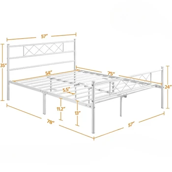 Premium Platform Bed Frame Mattress Foundation with Headboard and No Box Spring Needed Under Bed Storage Steel Slats White Full