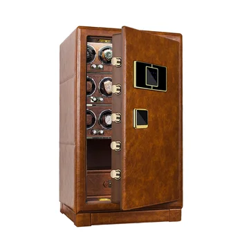 Brown Black Leather Watch Winder Safe 12 slots Strongbox Jewelry Cash Banknotes Anti-theft Cabinet With Fingerprint unlock