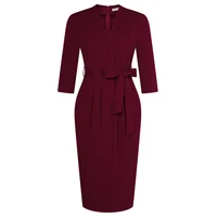 GK Women Midi Dress V-Neck Slim Fit OL 3/4 Sleeve Back Slit High Waist Bodycon Dress With Belt Elegant Office Work Dresses - Image 3