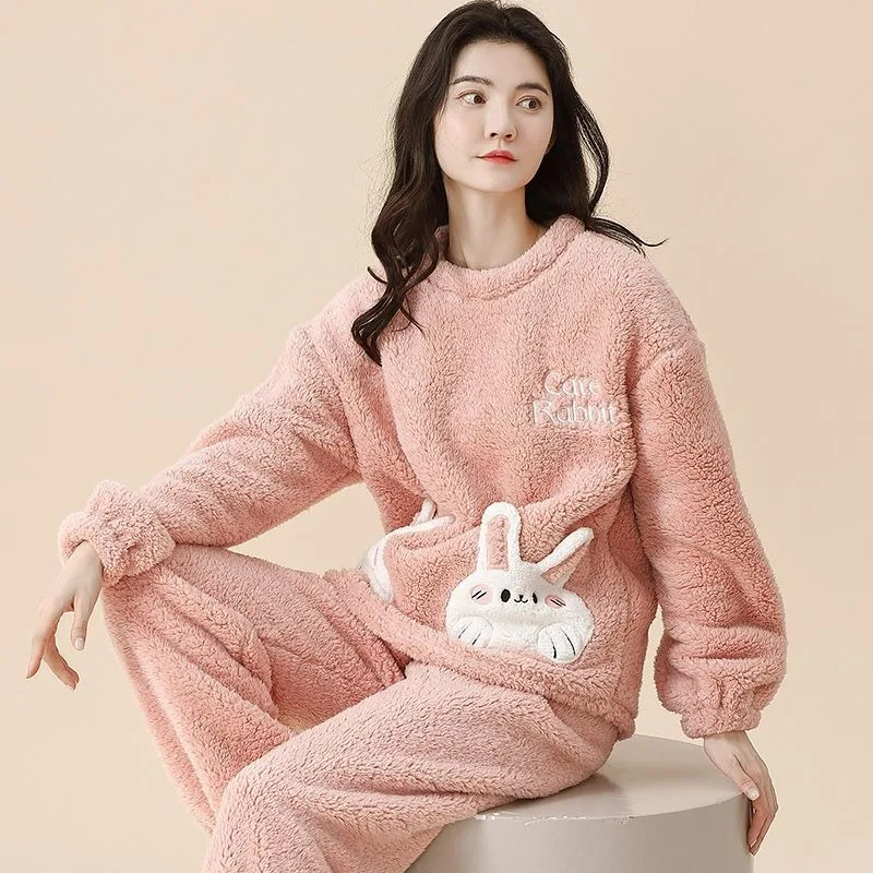 2023 New Coral Fleece Pajama Women's Autumn Winter Thick Loungewear Flannel Sleepwear Solid Color Round Collar Loungewear Set