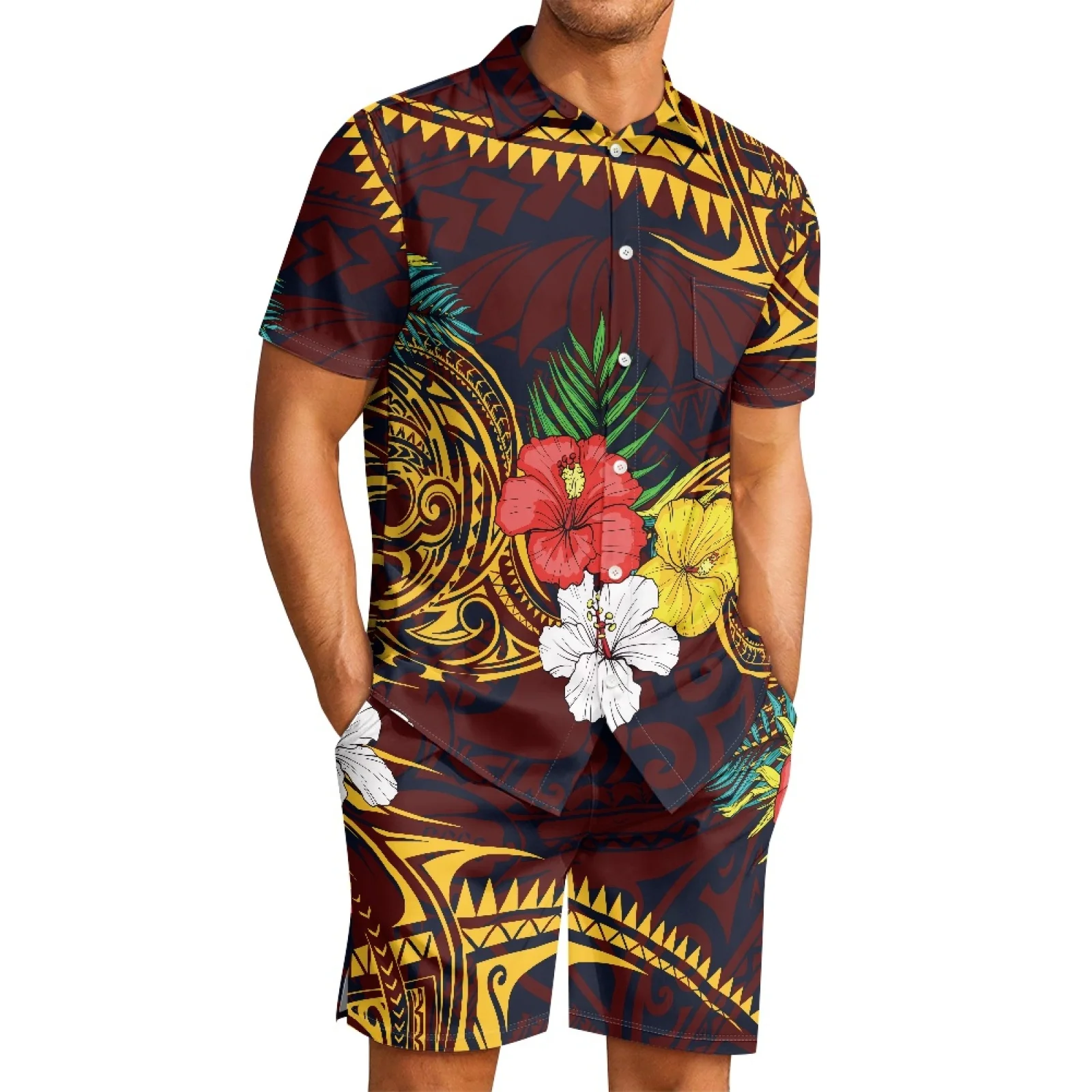 

Polynesian Tribal Fijian Totem Tattoo Fiji Prints Men's Casual Hibiscus Short Sleeve Shirt Beach Shorts Quick-drying 2Piece Set