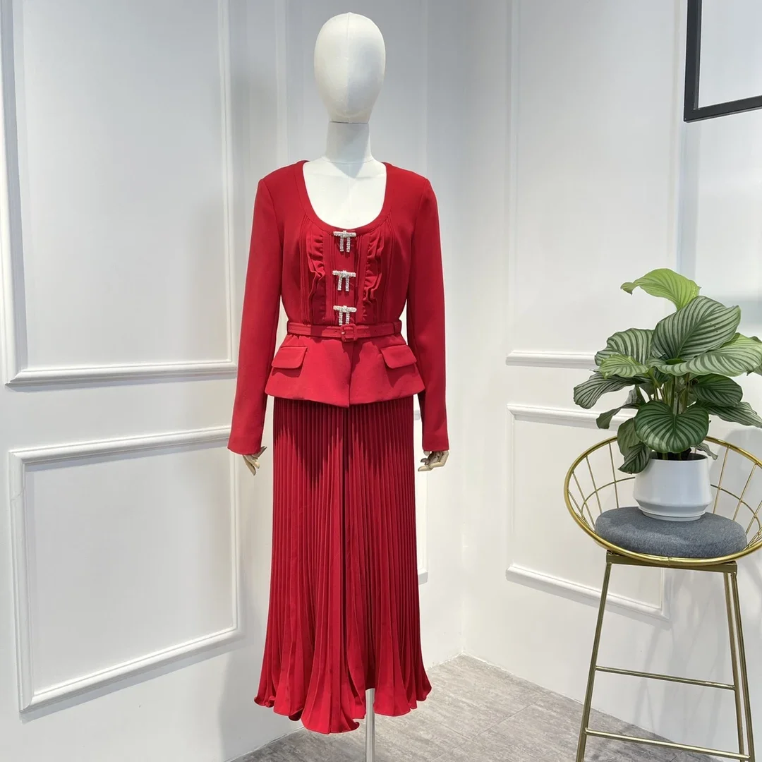 

Женское винтажное платье с рюшами, элегантное красное плиссированное платье из двух предметов с длинным рукавом, осень 2022