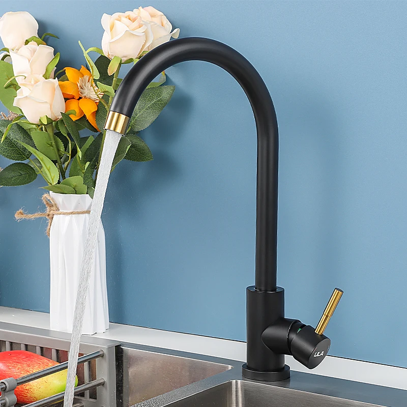 

Matte Black Kitchen Faucets Gold Stainless Steel Kitchen Mixer Single Handle Single Hole Kitchen Sink Faucet Hot Cold Taps