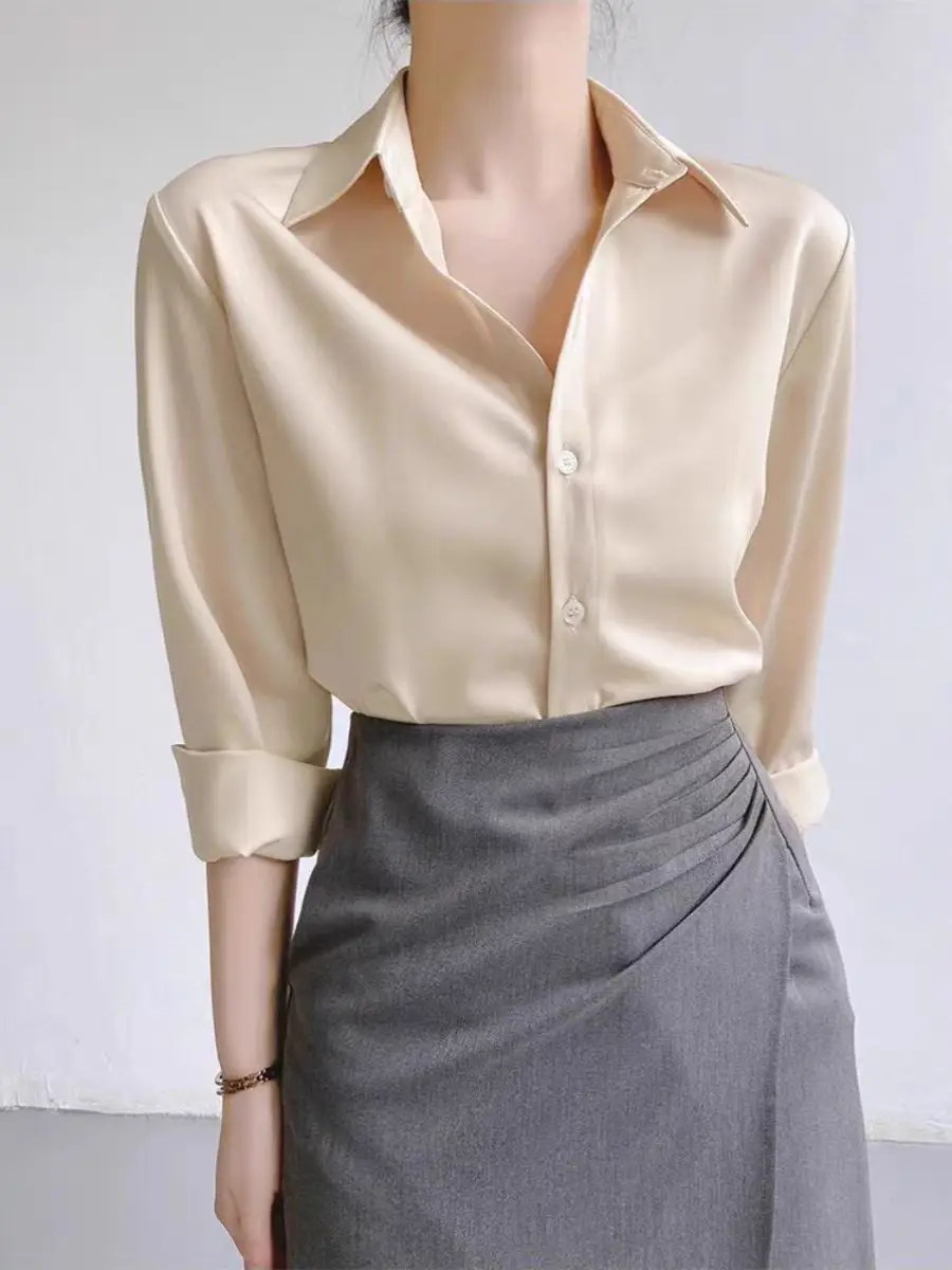 Simple Women’s Satin Shirts Thin Spring New Solid Color Long Sleeve Advanced Sense Top Office Elegant Ladies Work Wear Fashion Simple Women’s Satin Shirts Thin Spring New Solid Color Long Sleeve Advanced Sense Top Office Elegant Ladies Work Wear Fashion
