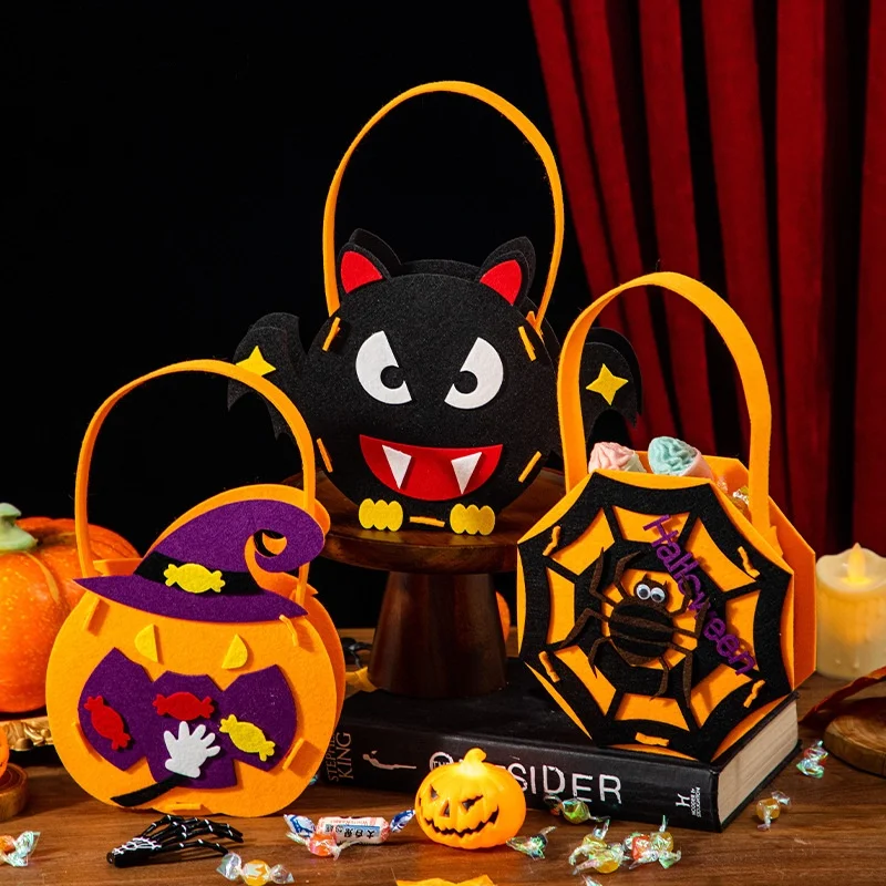 Halloween Pumpkin Ghost Candy Bag Skeleton Bat Spider Decorative Felt Handbag Trick Or Treat Tote Bags Kids Party Gift Bag