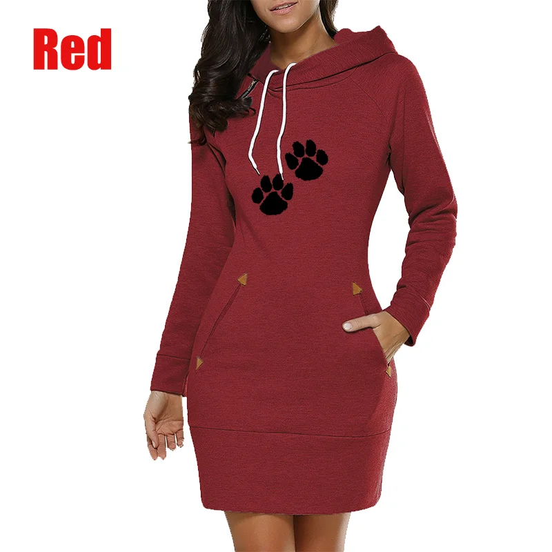 Women's Hoodies Dress Cat Paw Printed Spring Autumn Knee-length Dress Hooded Warm Fashion Casual Pocket Female Sweater Dress