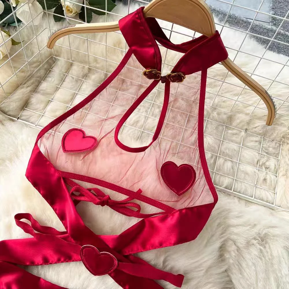 Sexy Hollow Out Pajamas Women Cosplay Servant Tie Backless Neck Hang Set Patchwork Heart-Shaped Red See-through HotSweet Dress