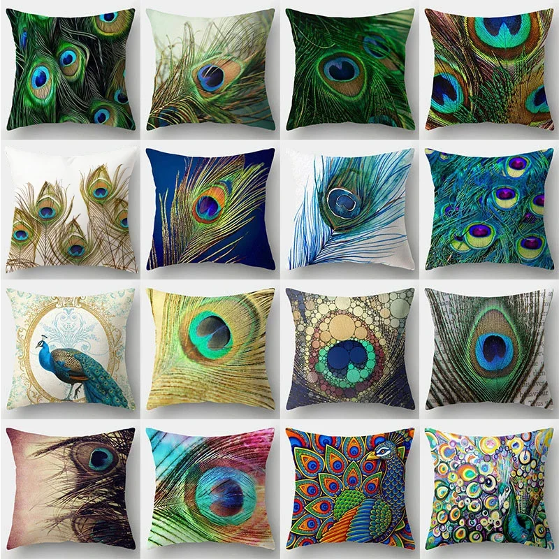 

45x45cm Peacock Feather Pillowcase Rainbow Animal Cushion Cover Living Room Home Decorative Custom Peachskin Housse De Coussin