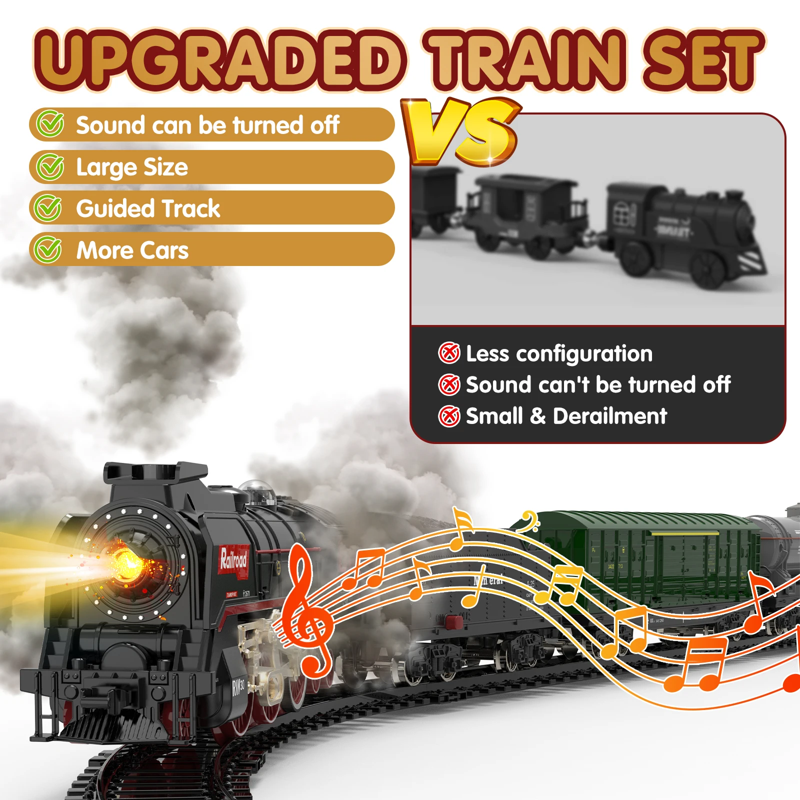 Retro Steam Train Track Toy Set with Smokes,Lights, Sound,Tracks,Electric Toy Train with Locomotive Engine,Cargo Cars and Tracks 3