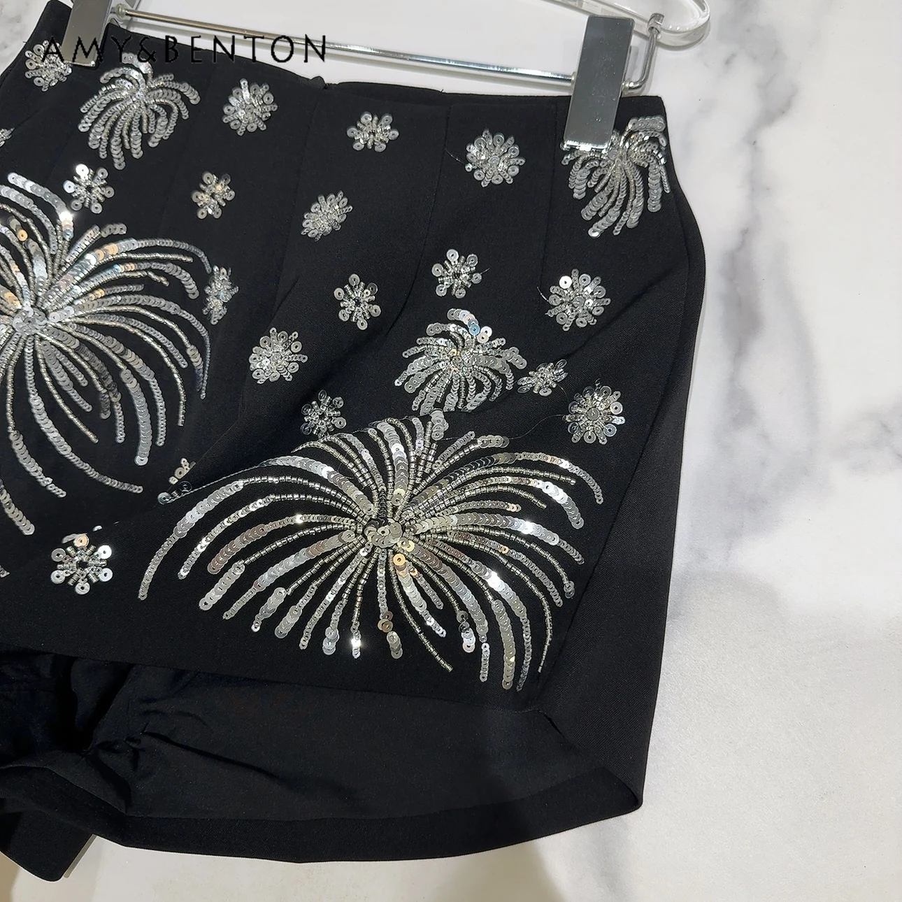 2024 Summer New High-Grade Silver Paillette Vintage Embroidered Shorts Women High Waist Slimming Wide-Leg Pants Fashion Shorts