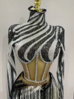 2025 New Shiny Diamond Sequin Tassels Sexy Mesh Long Sleeved Two Piece Set Women Evening Birthday paty Nightclub Stage Costume - Image 5