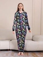 2024 New Halloween Party Mom Dad Kids Matching Outfits Skull Print Zipper Hooded Romper Jumpsuits Soft Sleepwear Family Look Pjs 5