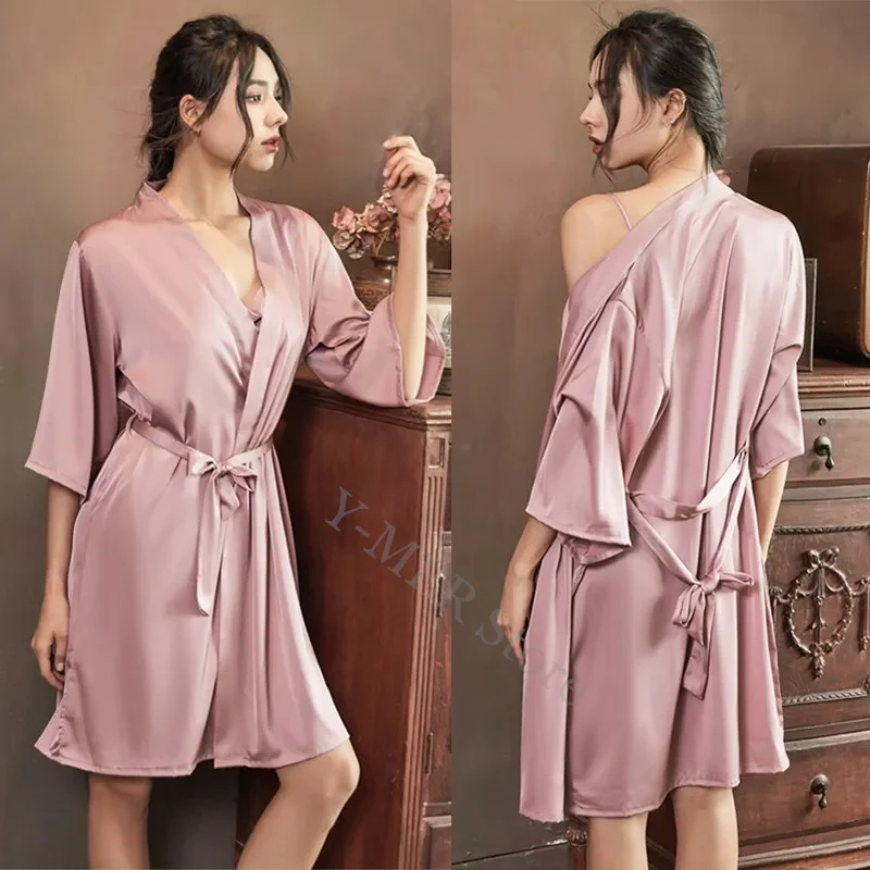 Satin Robe Female Intimate Lingerie Sleepwear Silky Bridal Wedding Gift Casual Kimono Bathrobe Gown Nightgown Sexy Nightwear Women Sleepwear Bride Robes Silk Robe