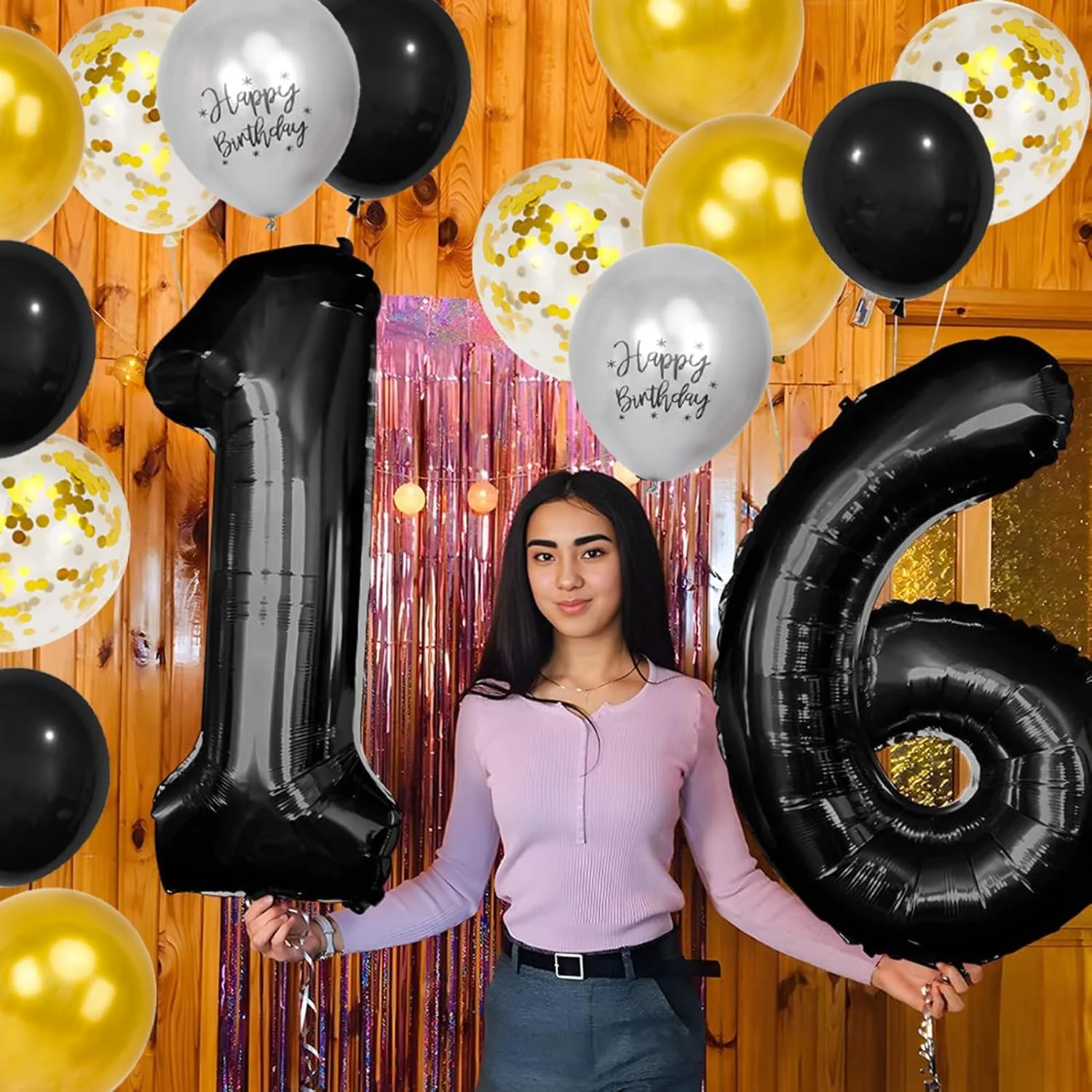 40 Zoll Schwarze Große Zahlen 16/18/21/30/40/50/60 Jahre Set mit Glitzer-Latexballons für Erwachsene Männer Geburtstagsdekoration – Detail 32