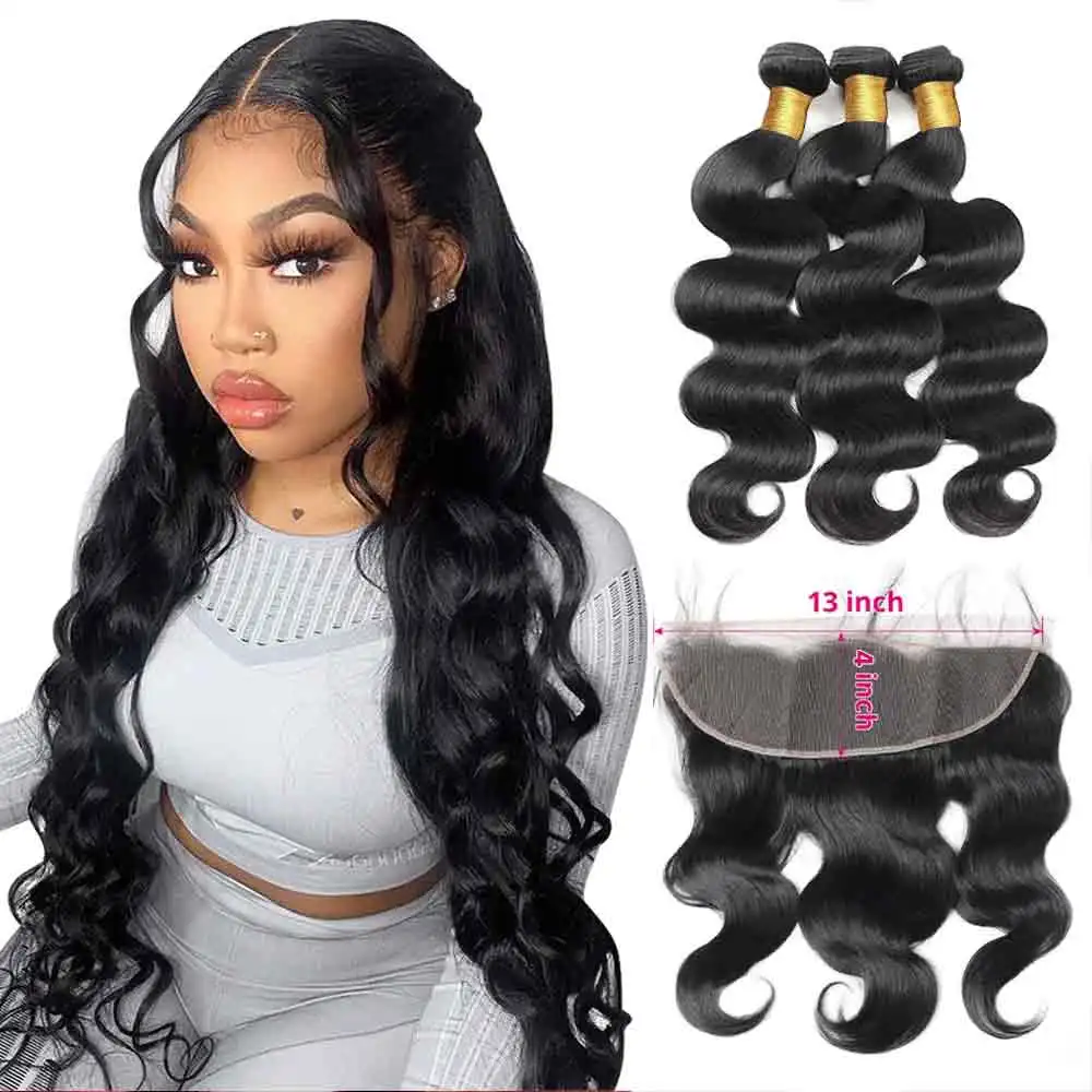 Brazilian Body Wave Bundles with Frontal 100% Unprocessed Human Hair 3 Bundles with 13x4 Lace Frontal Natural Color Hair