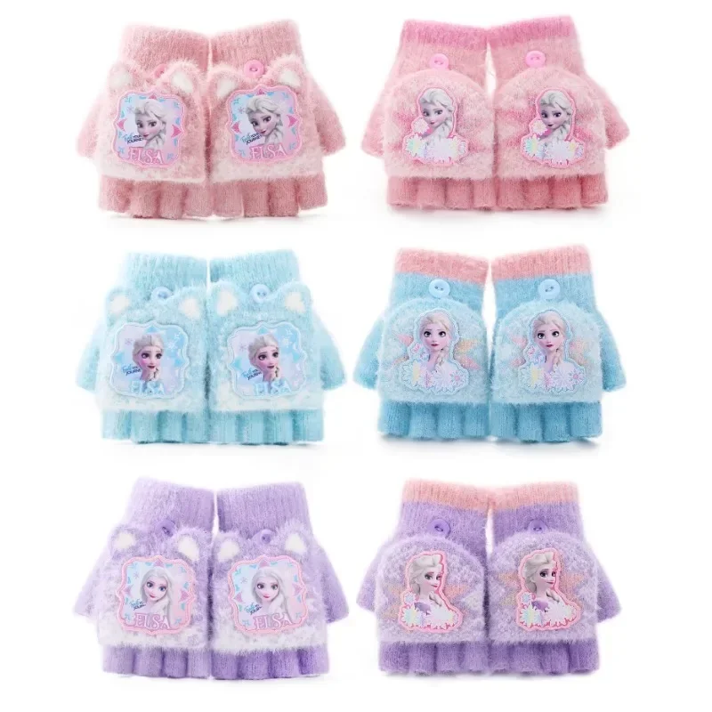 Kawaii Disney Frozen Elsa Children's Gloves New Cute Cartoon 3-12 Years Old Kids Winter Keep Warm Girls Students Flip-top Gloves