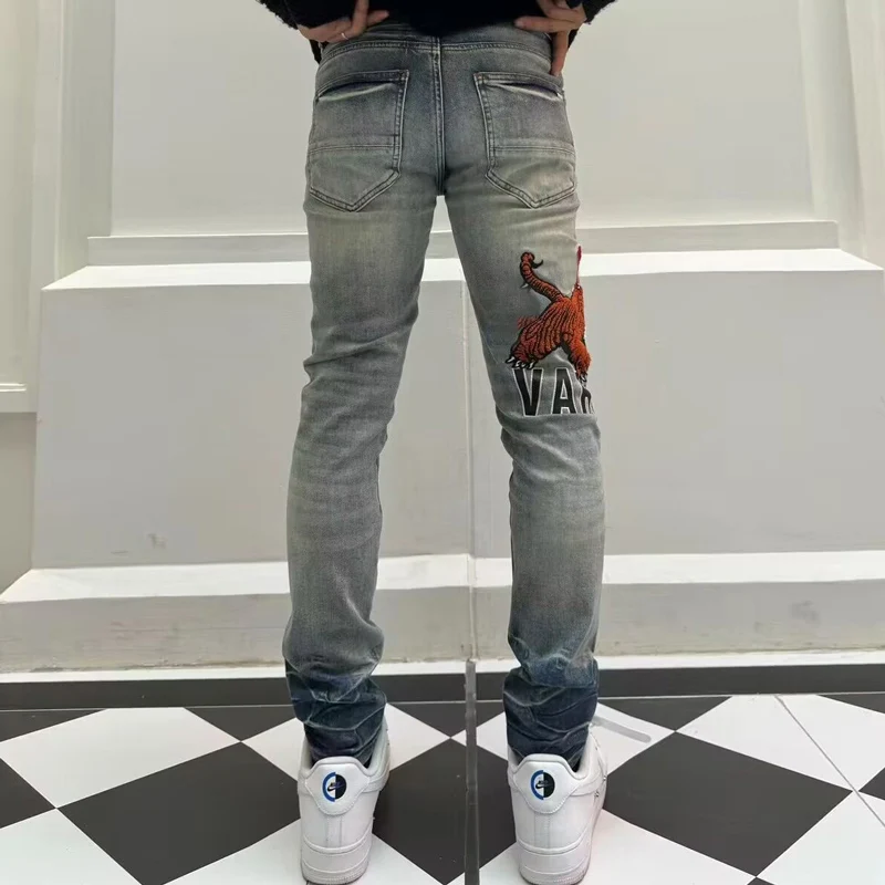 High Street Fashion Men's Jeans Vintage Blue Elastic Tight Pants Elastic Split Jeans Hole Patch Tiger Pattern Designer Hip Hop B
