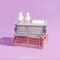 Medium Folding Plastic Storage Bins Stackable Basket Tray with Handles for Shelves Grocery Kitchen Bedroom Desktop Organizer 4