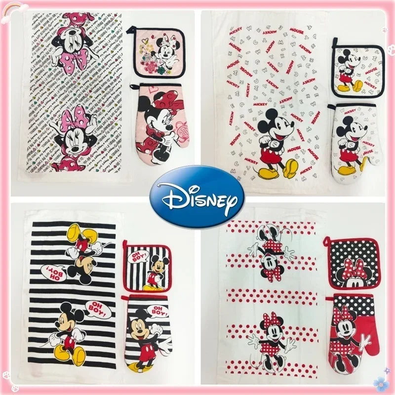 Disney Mickey Minnie Mouse Anti-Hot Gloves Thick Placemat Cup Coaster Towel Cartoon Cute Thick Cotton Kitchen Microwave Supplies