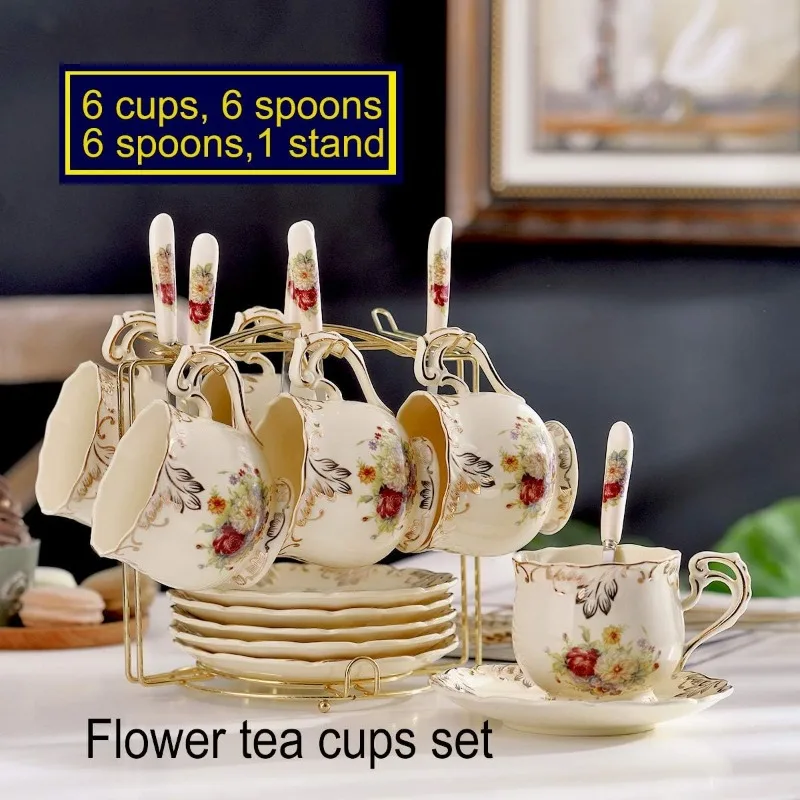 Flowering Shrubs Tea Cups and Saucers Set of 6, Tea Set, Ivory Ceramic Floral Cups Set with Golden Rack, Coffee Set,