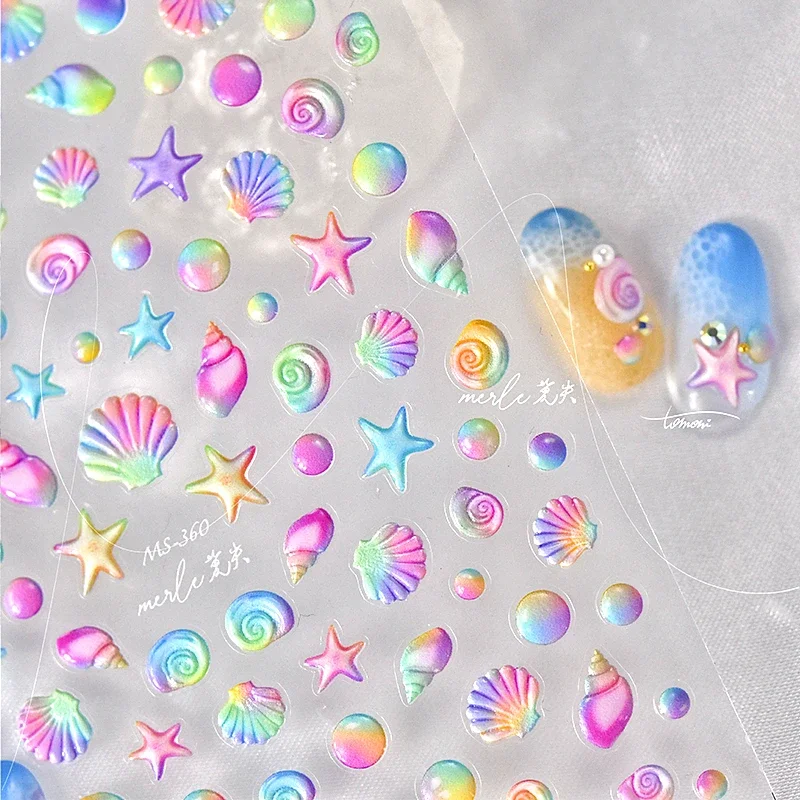 Fantasy Beach Summer Dreamy Colorful Seasnail Shell Pearl Conch Jelly Star 5D Decals Soft Relief 3D Decoration Nail Art Stickers