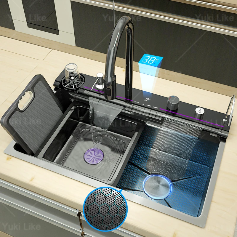 Stainless Steel Waterfall kitchen Sink Golden Large Single Slot Multifunctional Dishwasher sinks Digital Display