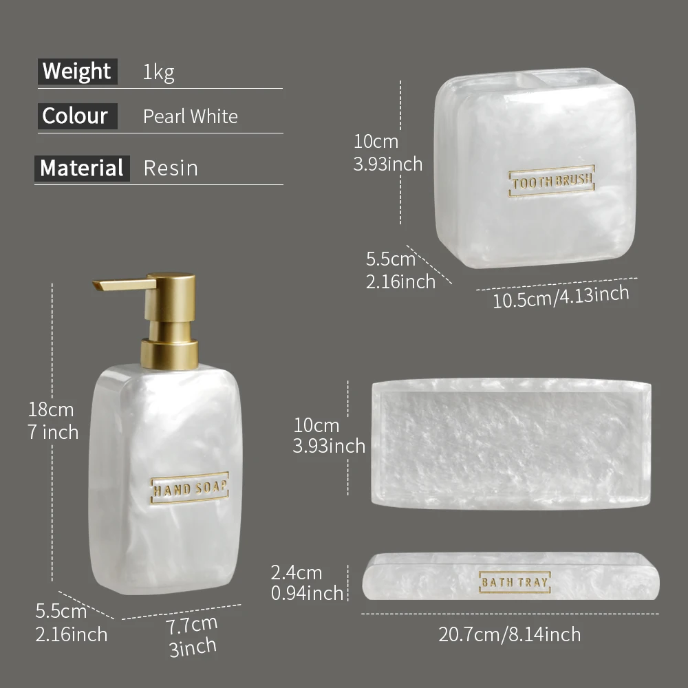 Bathroom Vanity Countertop Accessory Set Soap Dispenser Toothbrush Holder Set Tray Bathroom Accessories White Pearl Look bathroom accessories set,soap dispenser