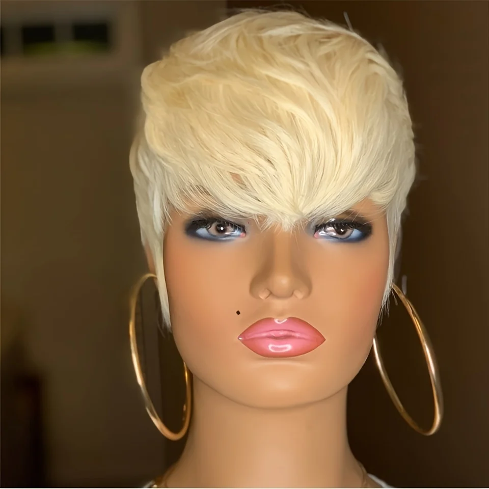 1B/27 Colored 1B/RED Color 613 Color Wig Short Pixie Cut Straight Human Hair Wig Remy Hair With Bangs Full Machine Made human hair wigs