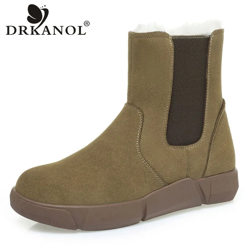 

DRKANOL 2024 Women Snow Boots Winter Natural Wool Fur Warm Shoes High Quality Side Zipper Cow Suede Leather Flat Shearling Boots