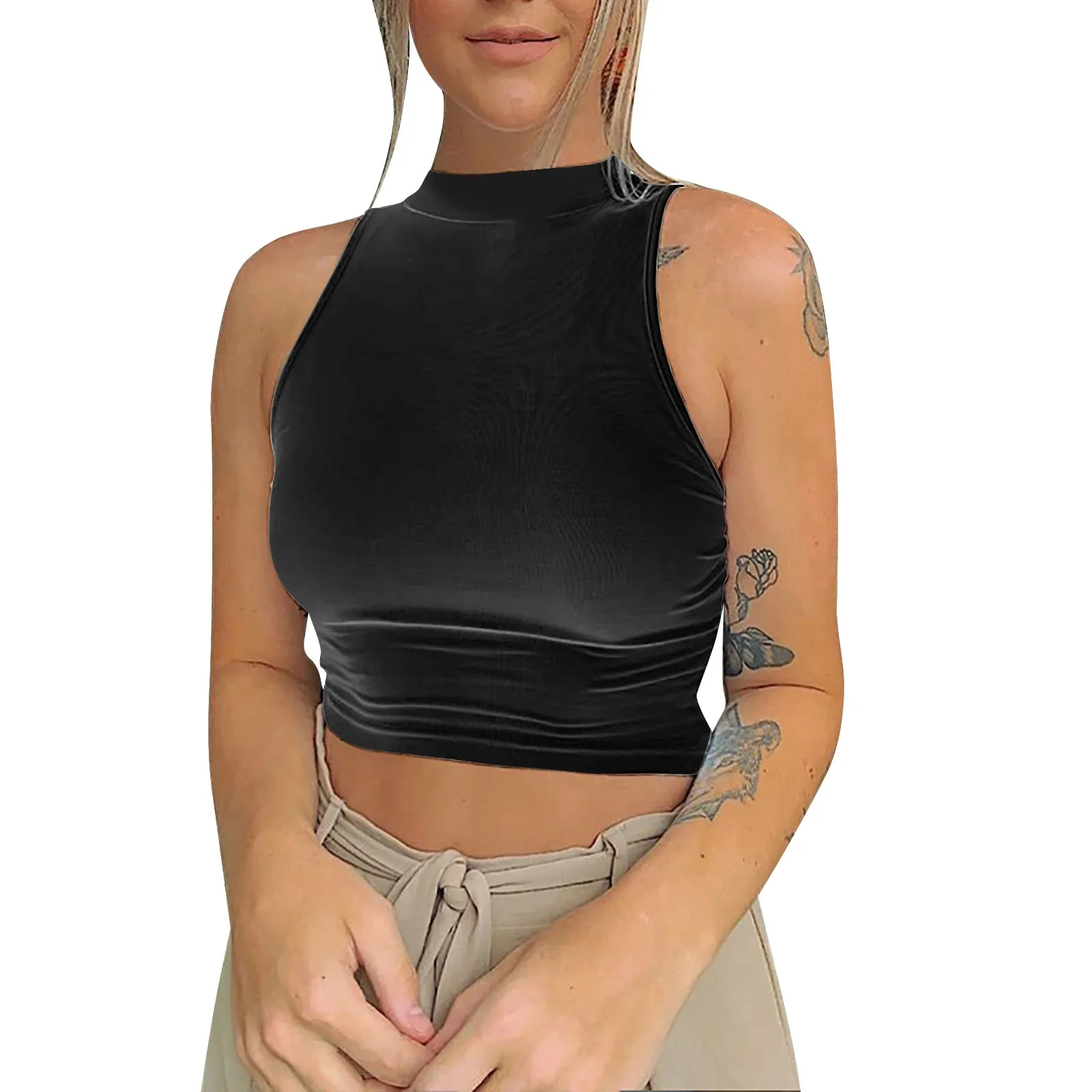 Canotte Da Donna In Maglia A Coste Senza Maniche Girocollo Gilet Slim Fit Solido Yoga Sport