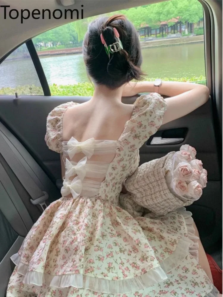 

Topenomi French Sweet Floral Birthday Party Short Dress Women Backless Bow Waist Ruffles Ball Gown Fashion Prom Evening Vestidos
