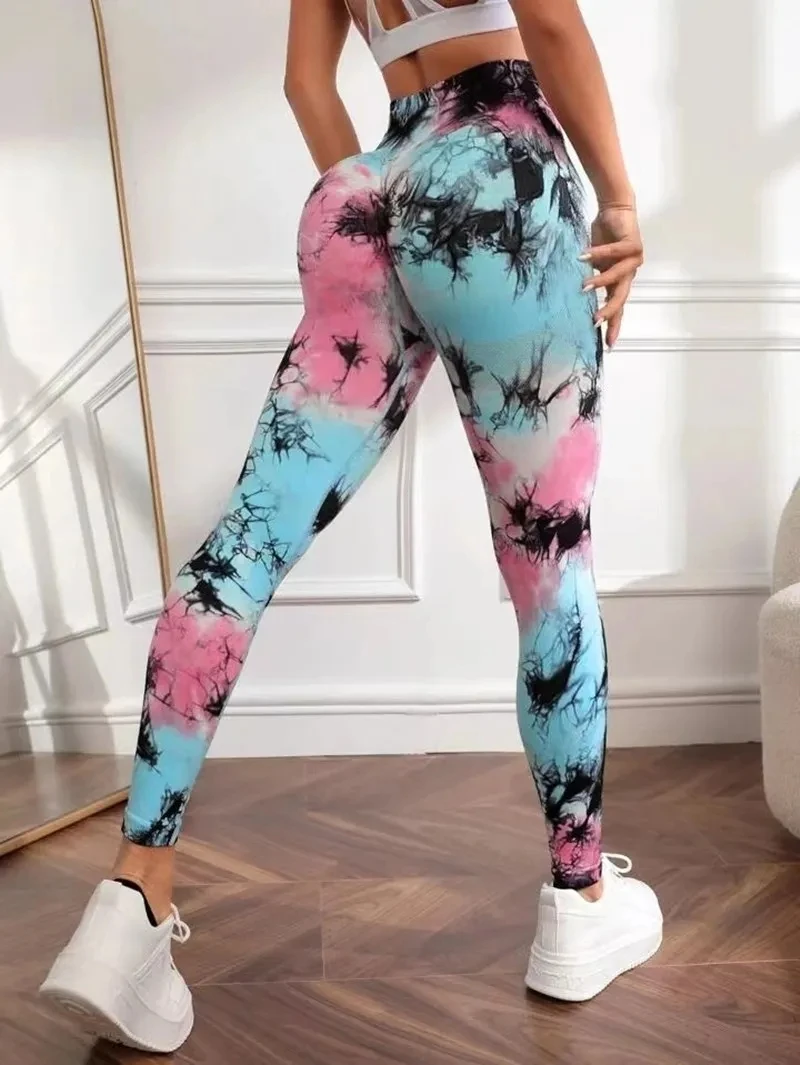Tie-Dye High-Waist Fitness Yoga Pants Peach Hips Sports Leggings Quick-Drying Running Cropped Pants