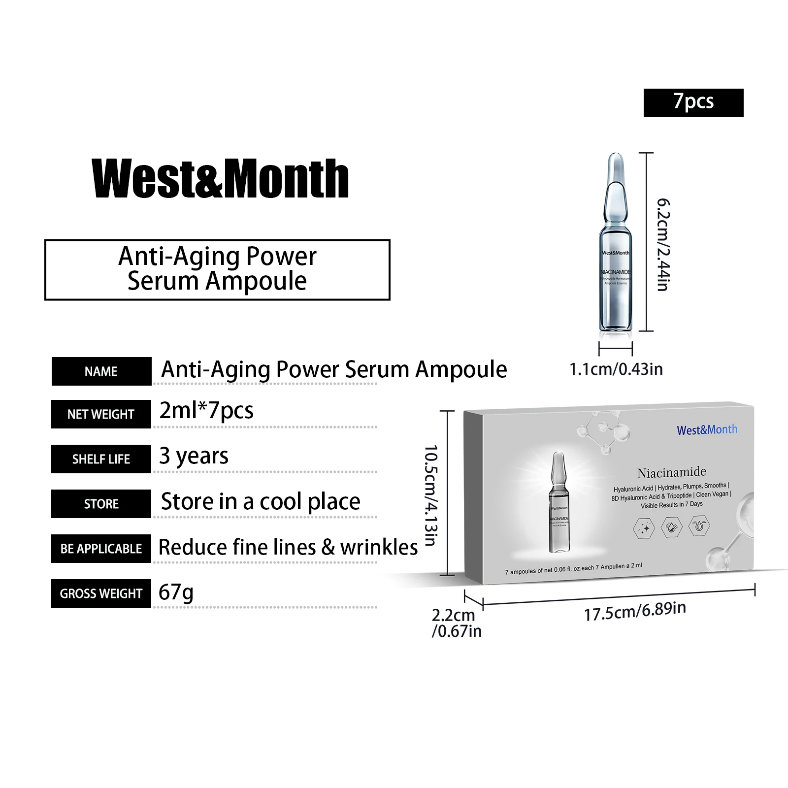 West Month 2MLx7PCS Reyouth Anti Ag-ing Essence Ampoule, Hyloranic Acid Hyaluronic Acid Essence Moisturizing Essence Ampoule Set 6